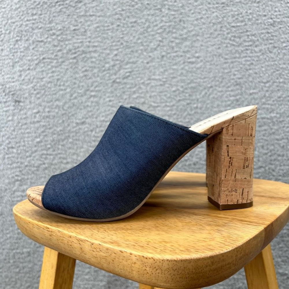 Anne Klein Cork Heels Size 10M Slides Mules Open Peep Toe Spring Summer Denim - Picture 3 of 10